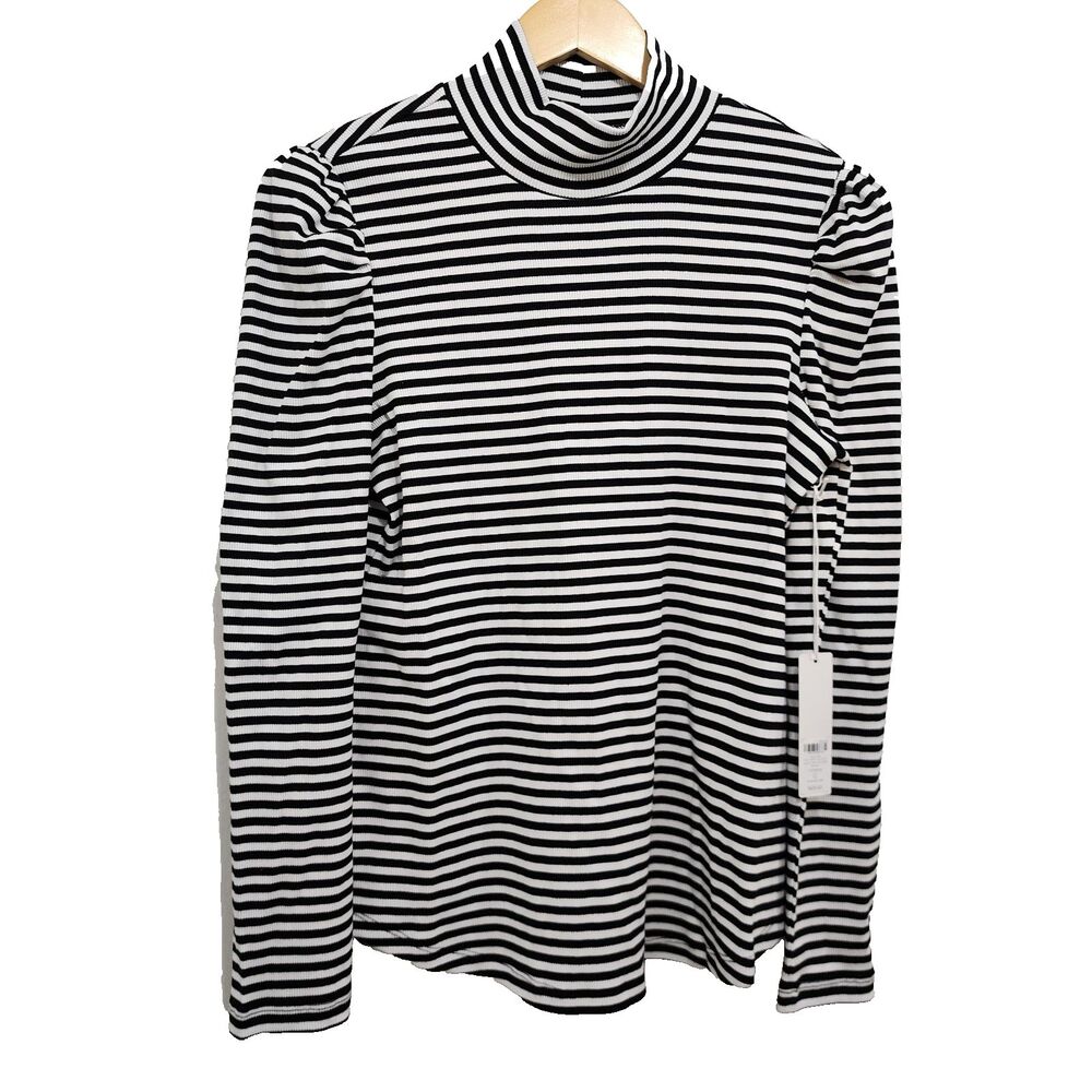 Chico's Knit Top Cozy Stripe Turtleneck Long Sleeve Black White Size S Stretch